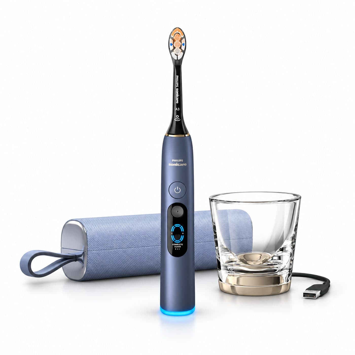 Комплект Philips Sonicare HX9813/98: синяя щётка, зарядный стакан и дорожный футляр
