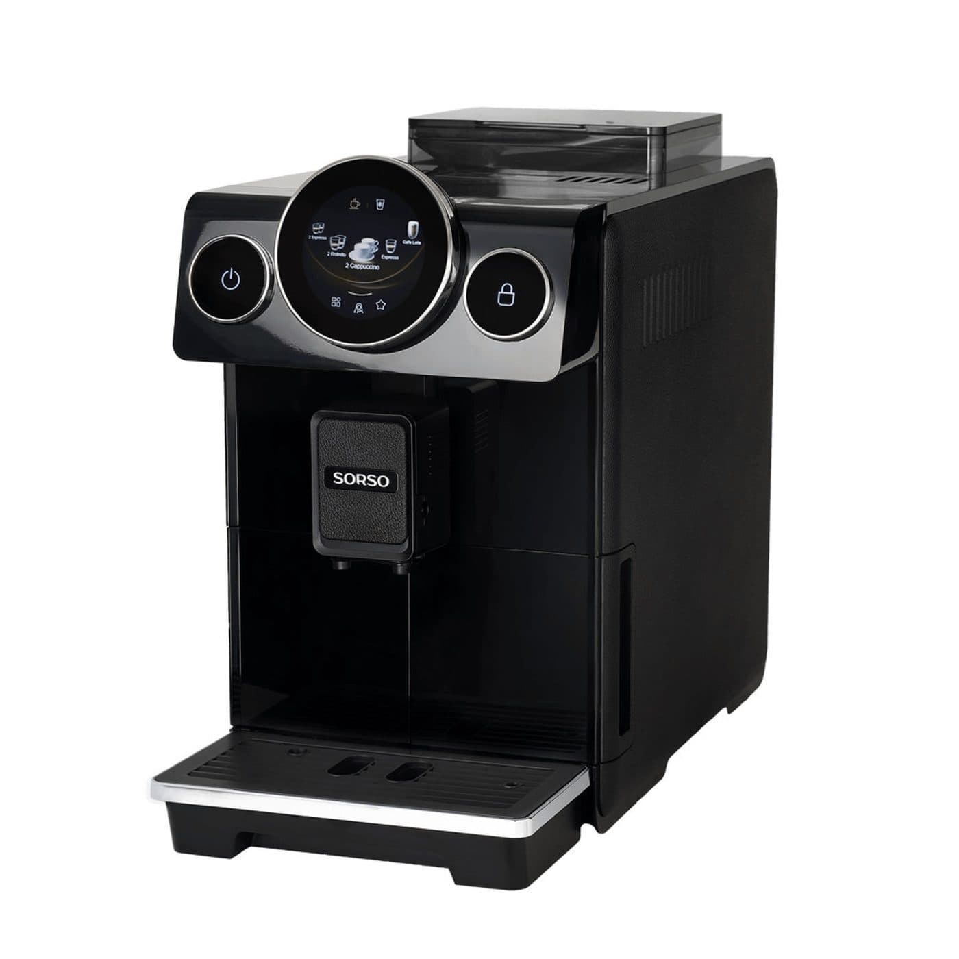 Sorso Terra T3, чёрная кофемашина — вид под углом на белом фоне