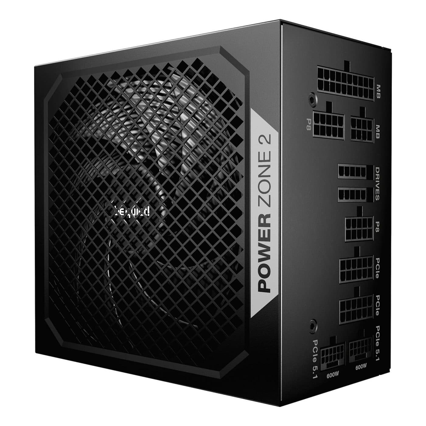Блок питания Be Quiet! Power Zone 2 1200W BP030EU на белом фоне, вентилятор и модульные разъёмы