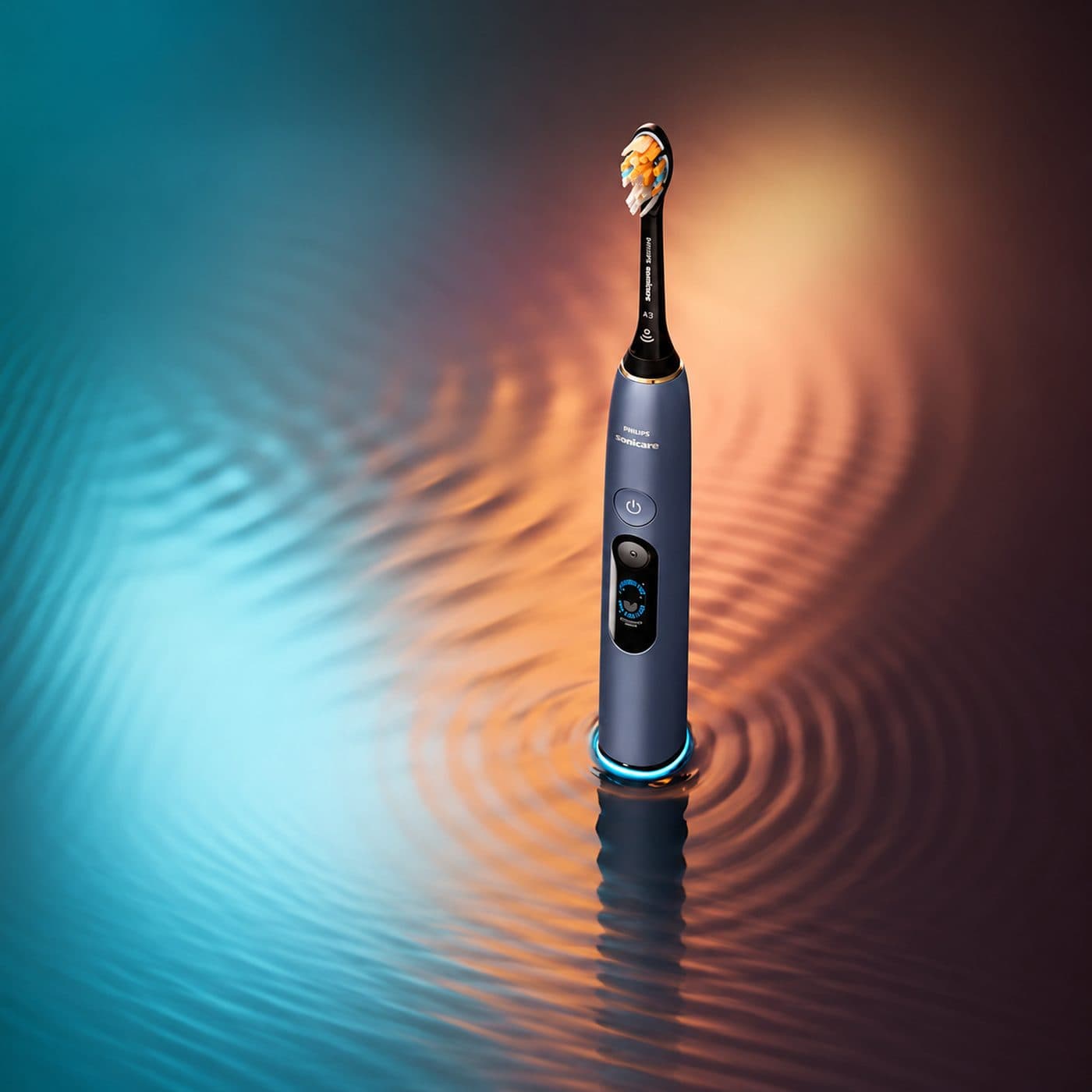 Синяя Philips Sonicare DiamondClean 9900 Prestige на цветном фоне