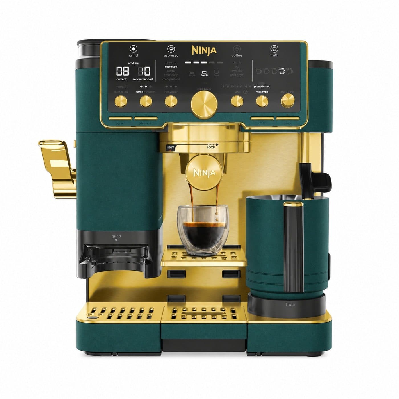Рожковая кофемашина Ninja Luxe Café Pro ES701EUGNGD, зелёно-золотая, вид спереди