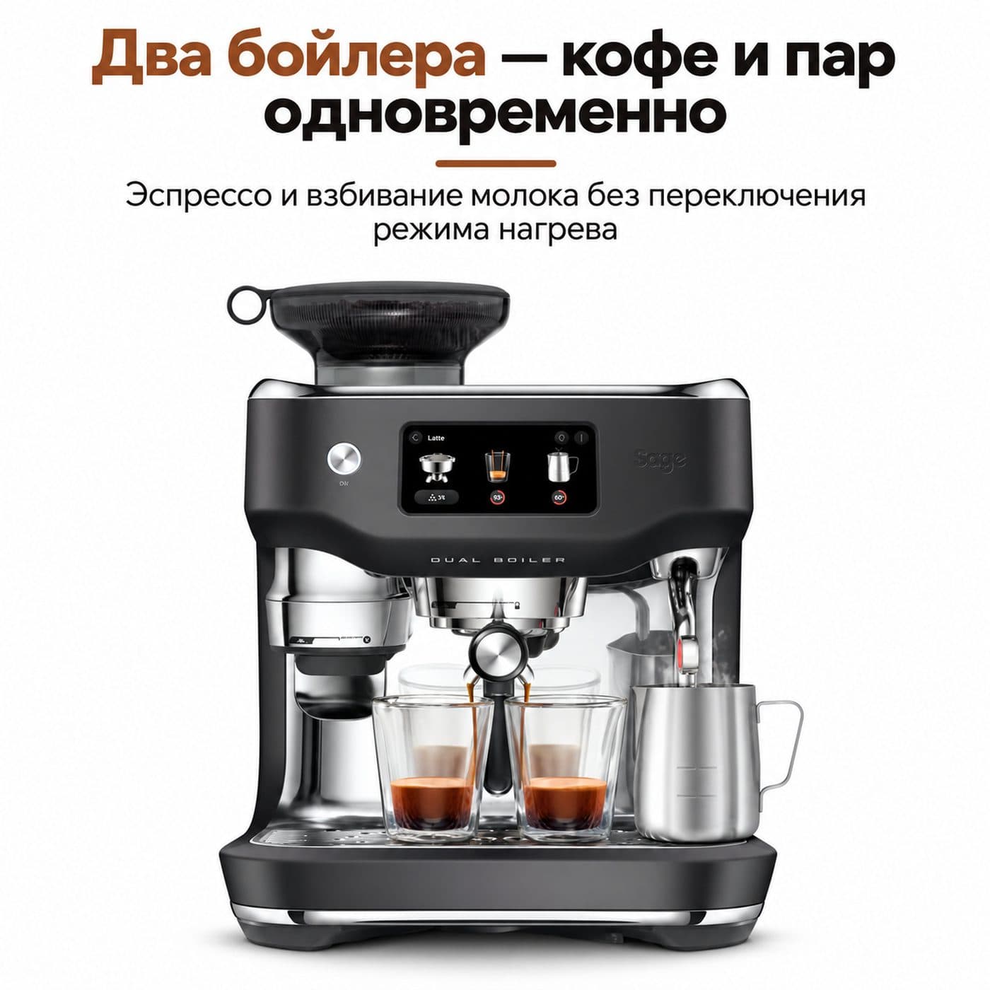 Sage Oracle Dual Boiler: эспрессо и взбивание молока одновременно, русская иллюстрация