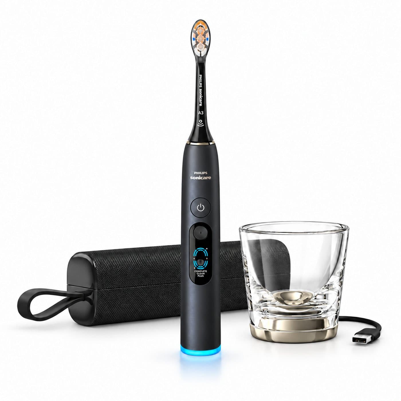 Комплект Philips Sonicare HX9813/92: чёрная щётка, зарядный стакан и дорожный футляр
