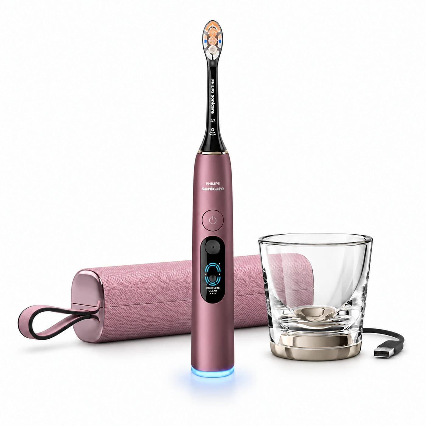 Комплект Philips Sonicare HX9813/95: фиолетовая щётка, зарядный стакан и дорожный футляр