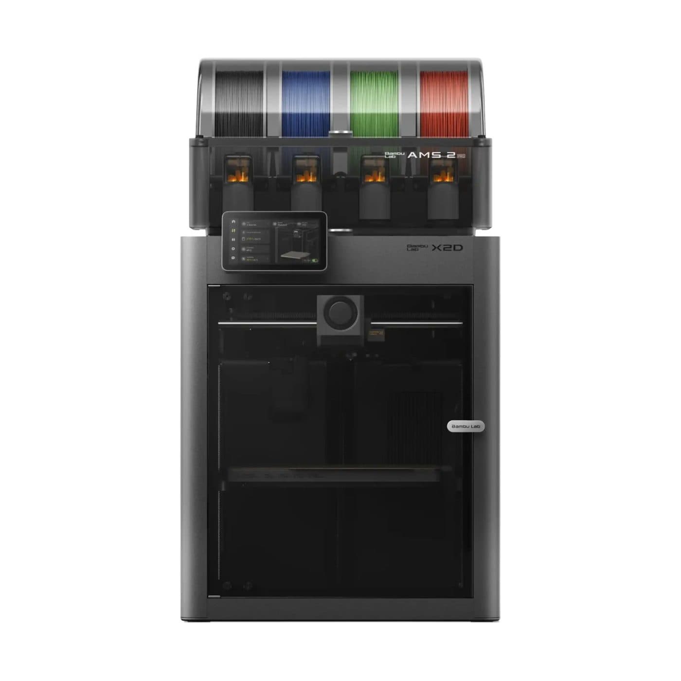 Bambu Lab X2D Combo EU с AMS 2 Pro — вид спереди на белом фоне