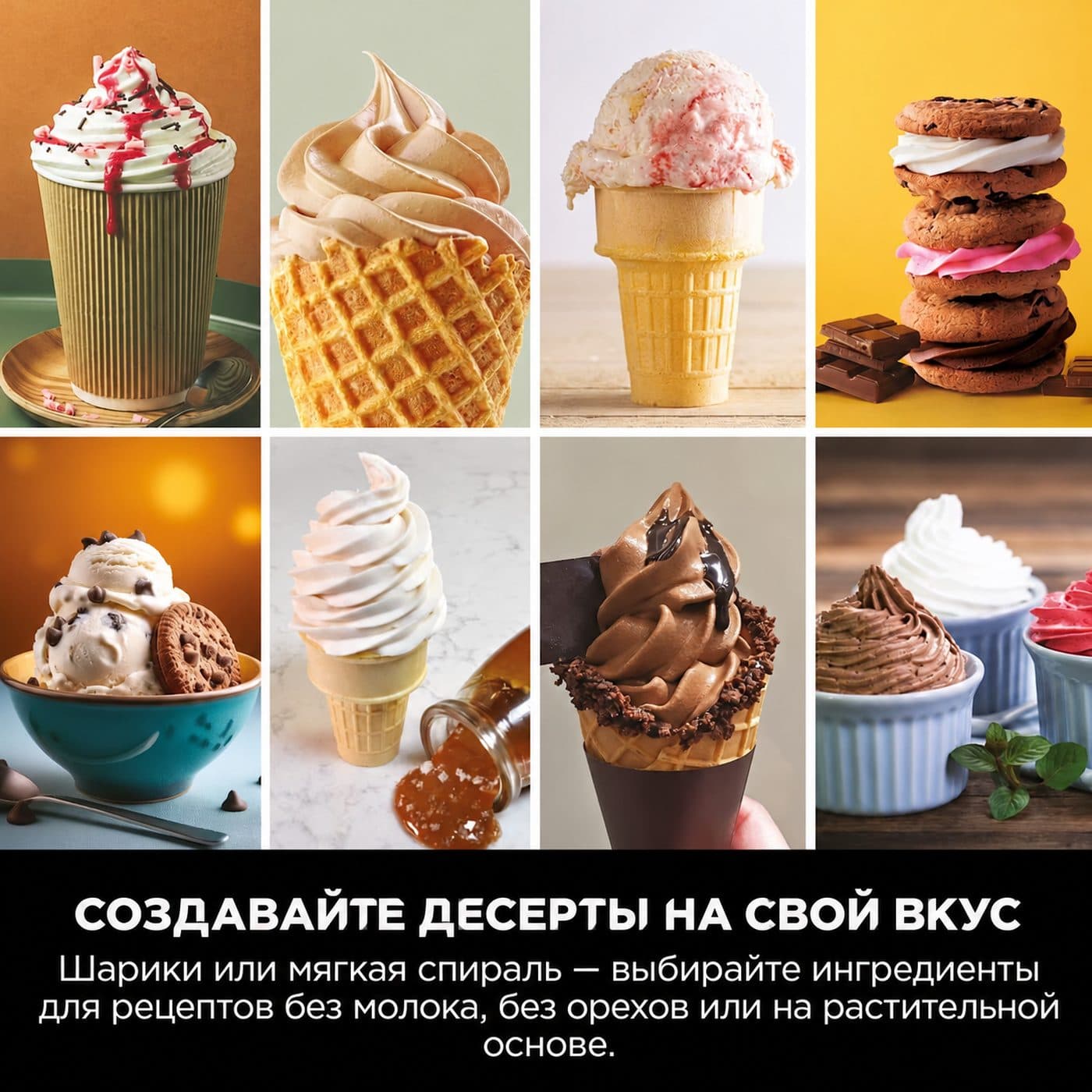 Разнообразные домашние десерты: мороженое, мягкая спираль и сэндвичи