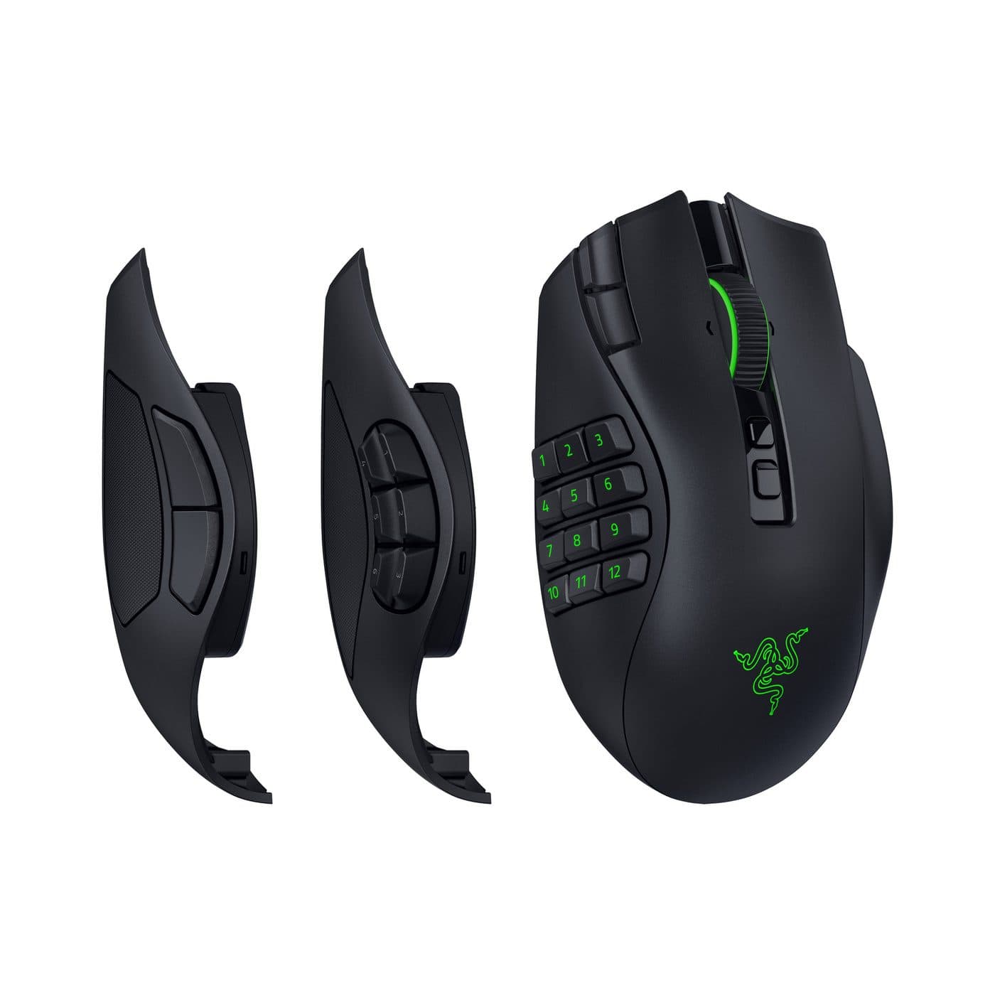 Razer Naga V3 Pro и сменные боковые панели с 6 и 2 кнопками на белом фоне