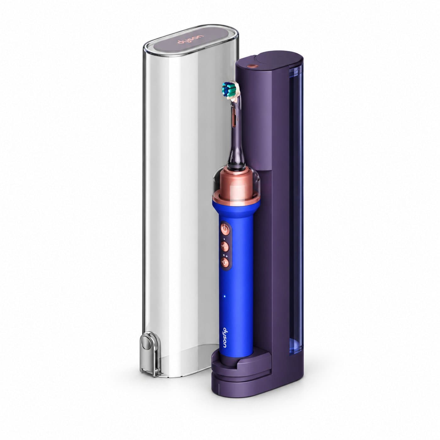 Синяя щётка Dyson CameraJet в станции Steel Violet с прозрачным транспортным футляром