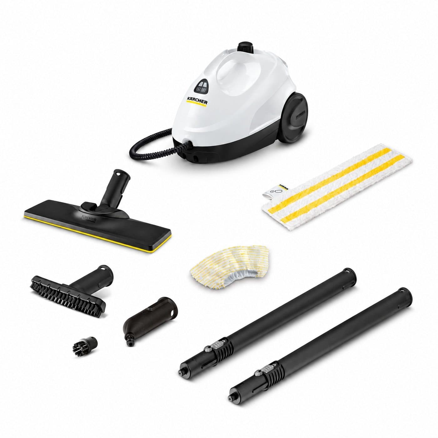 Karcher SC 2 EasyFix 1.512-600.0 с насадкой EasyFix и принадлежностями на белом фоне