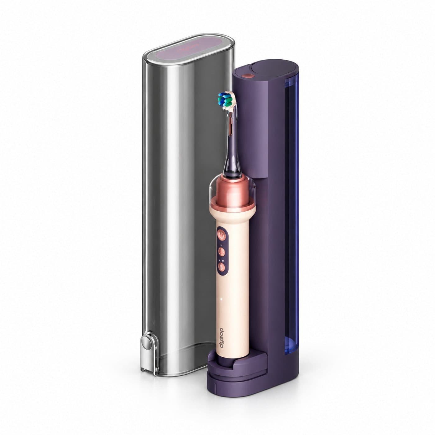 Розовая щётка Dyson CameraJet в станции зарядки и заправки с транспортным футляром