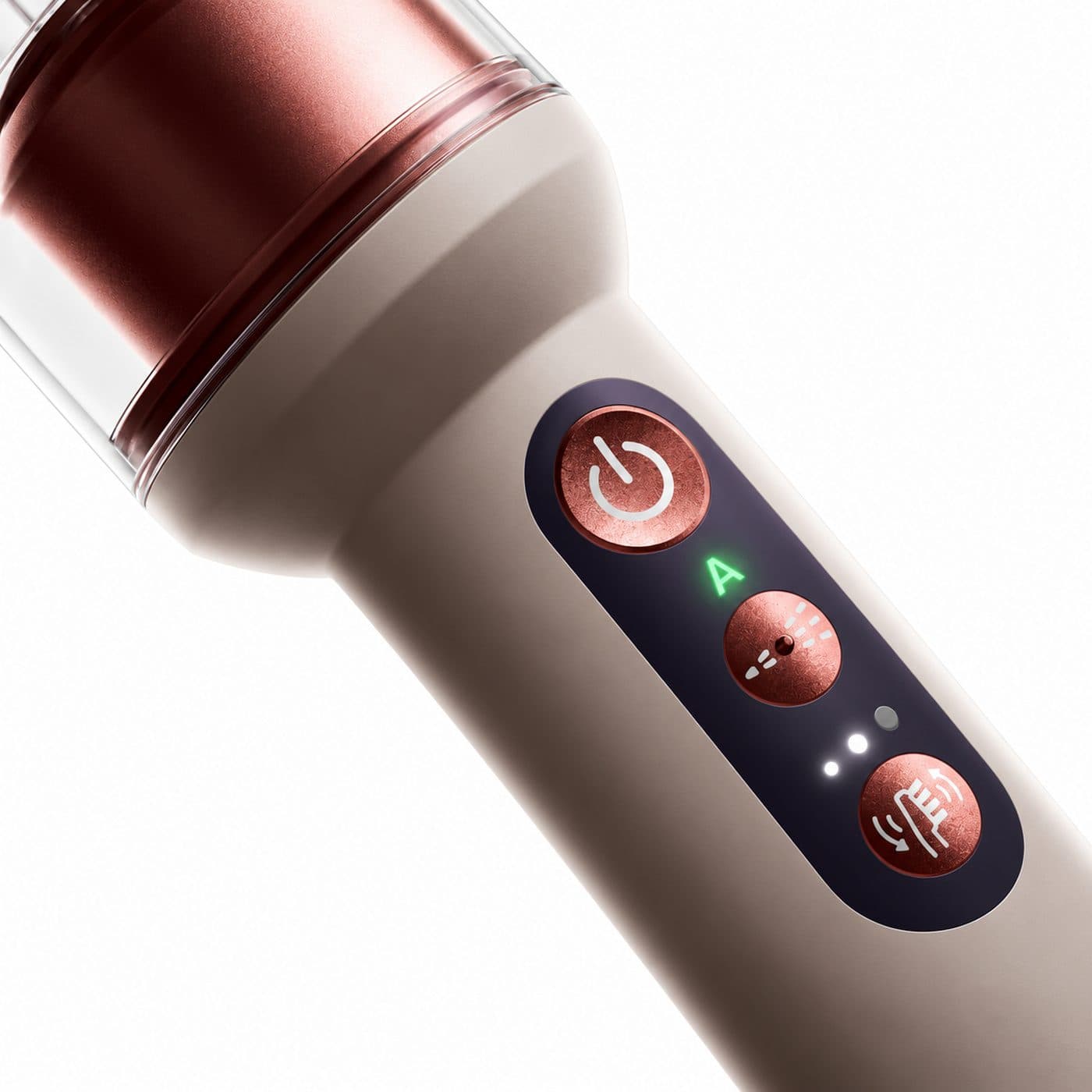 Кнопки включения, режима орошения и интенсивности чистки Dyson CameraJet Ceramic Pink