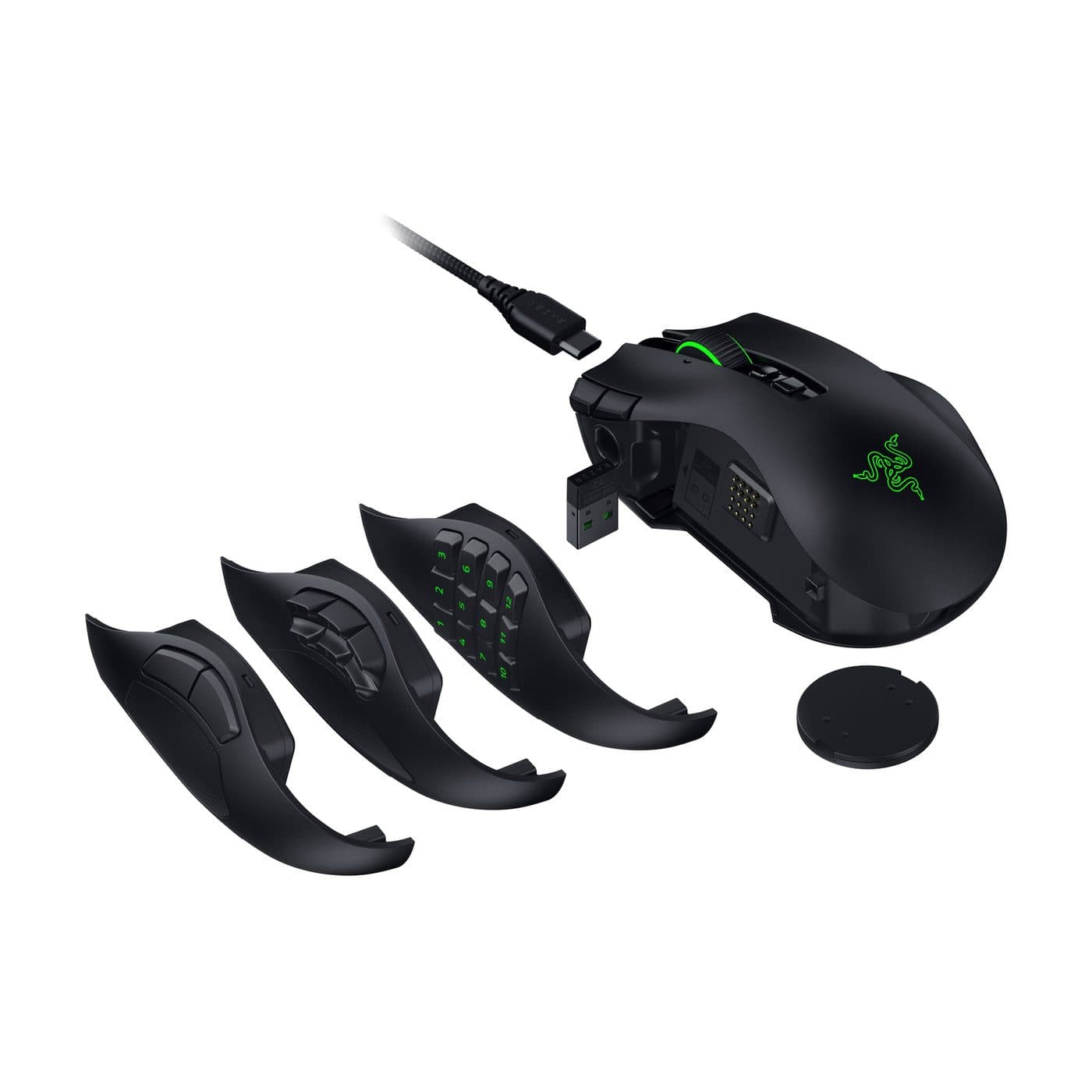 Razer Naga V3 Pro: мышь, сменные панели, USB-кабель и приёмник