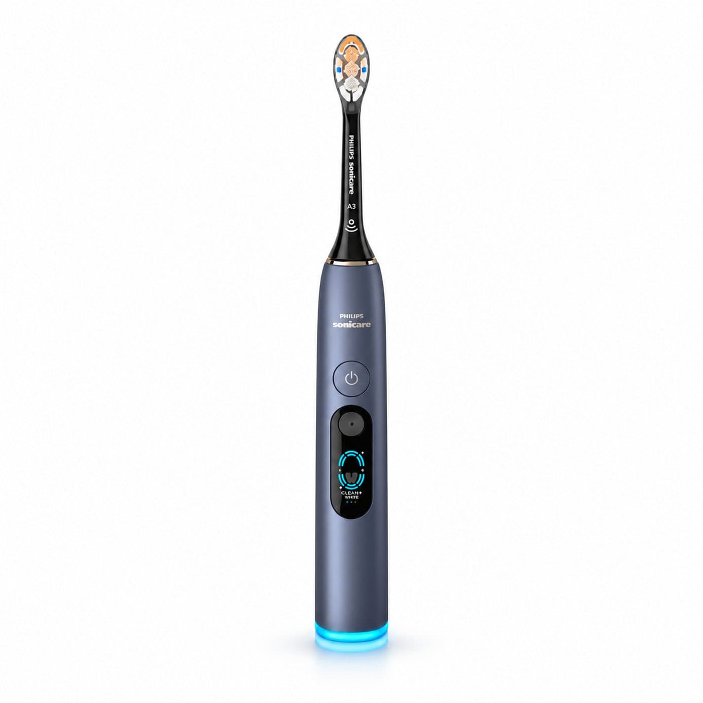 Синяя звуковая зубная щётка Philips Sonicare DiamondClean 9900 Prestige HX9813/98 на белом фоне