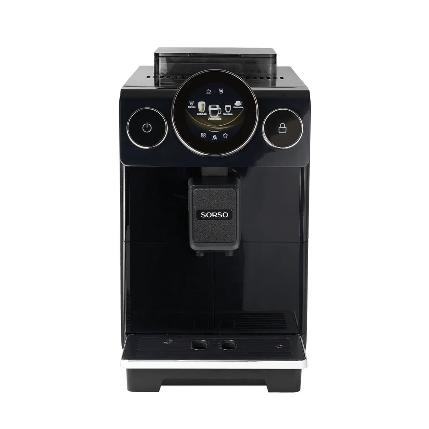Sorso Terra T3, чёрная кофемашина — вид спереди на белом фоне